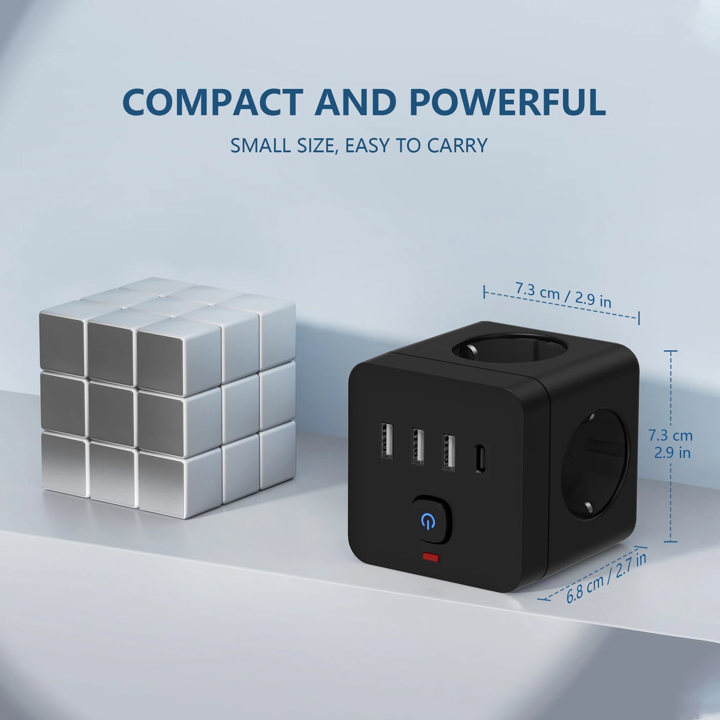 Multiprise EU 7 en 1 - Protection contre les surtensions, 3 prises secteur, 3 USB 1 Type-C
