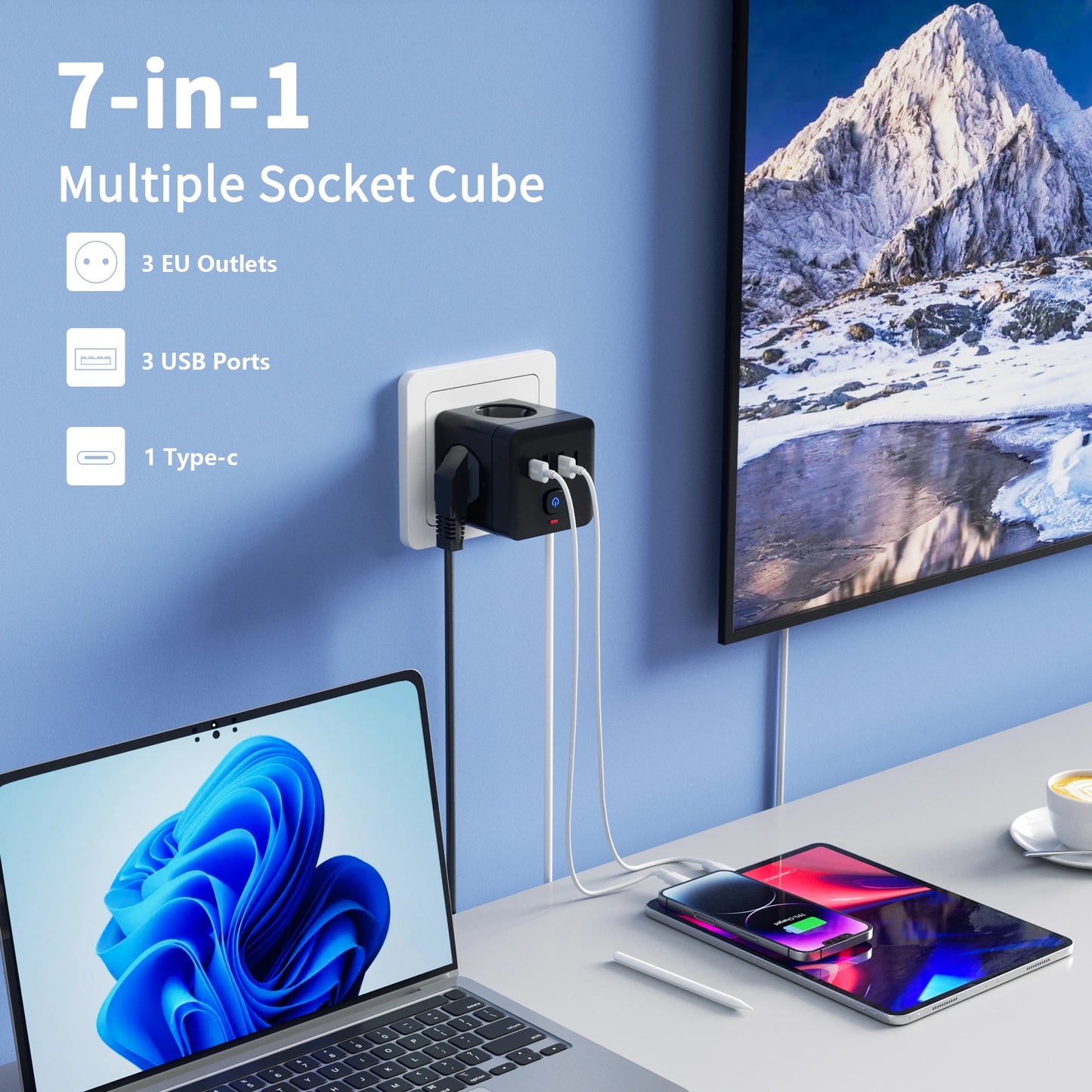 Multiprise EU 7 en 1 - Protection contre les surtensions, 3 prises secteur, 3 USB 1 Type-C