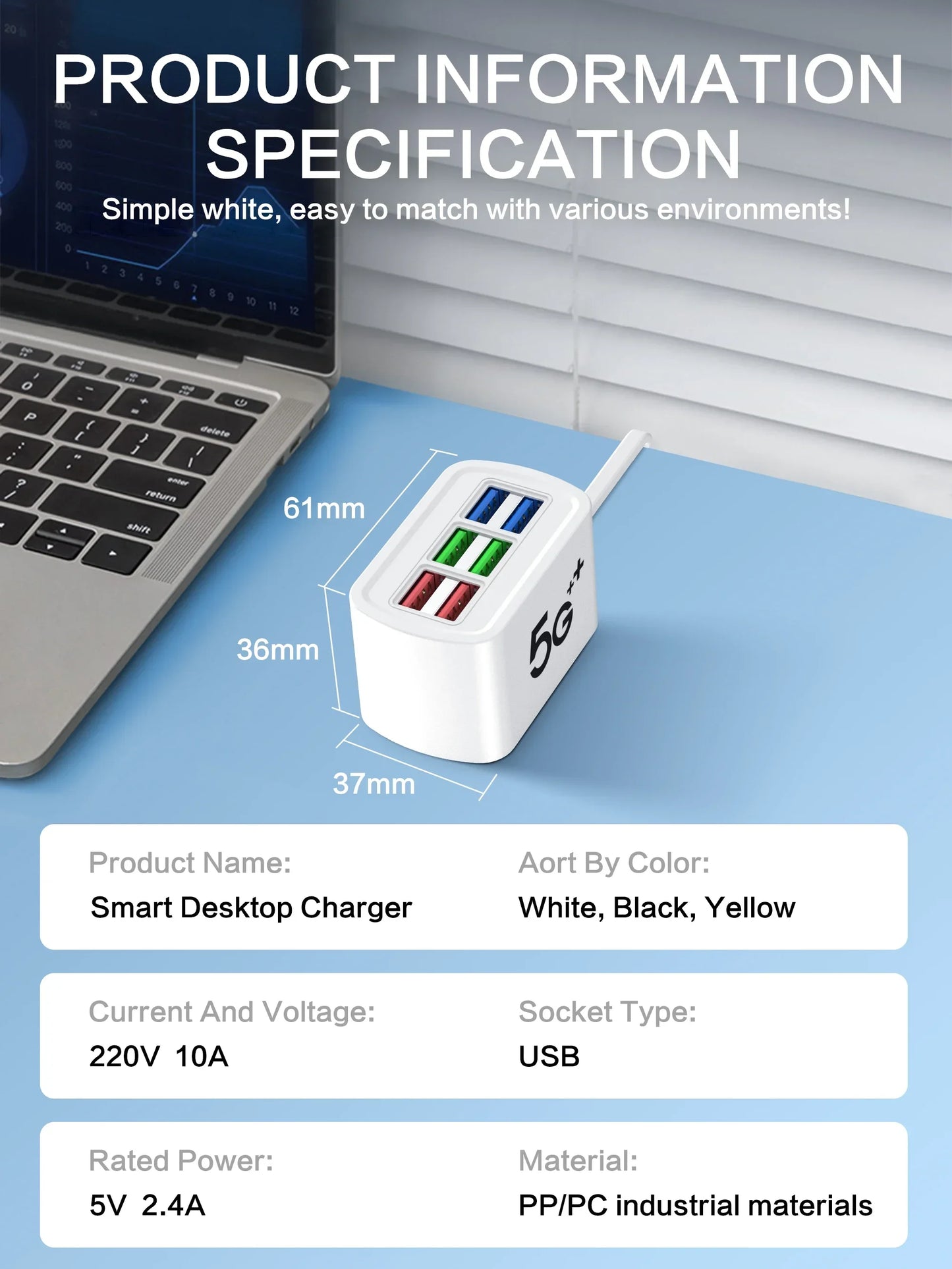 Chargeur USB Rapide 6 en 1 | Multiprise Station Charge Bureau | Adaptateur HUB USB 1m | Compatible iPhone 16